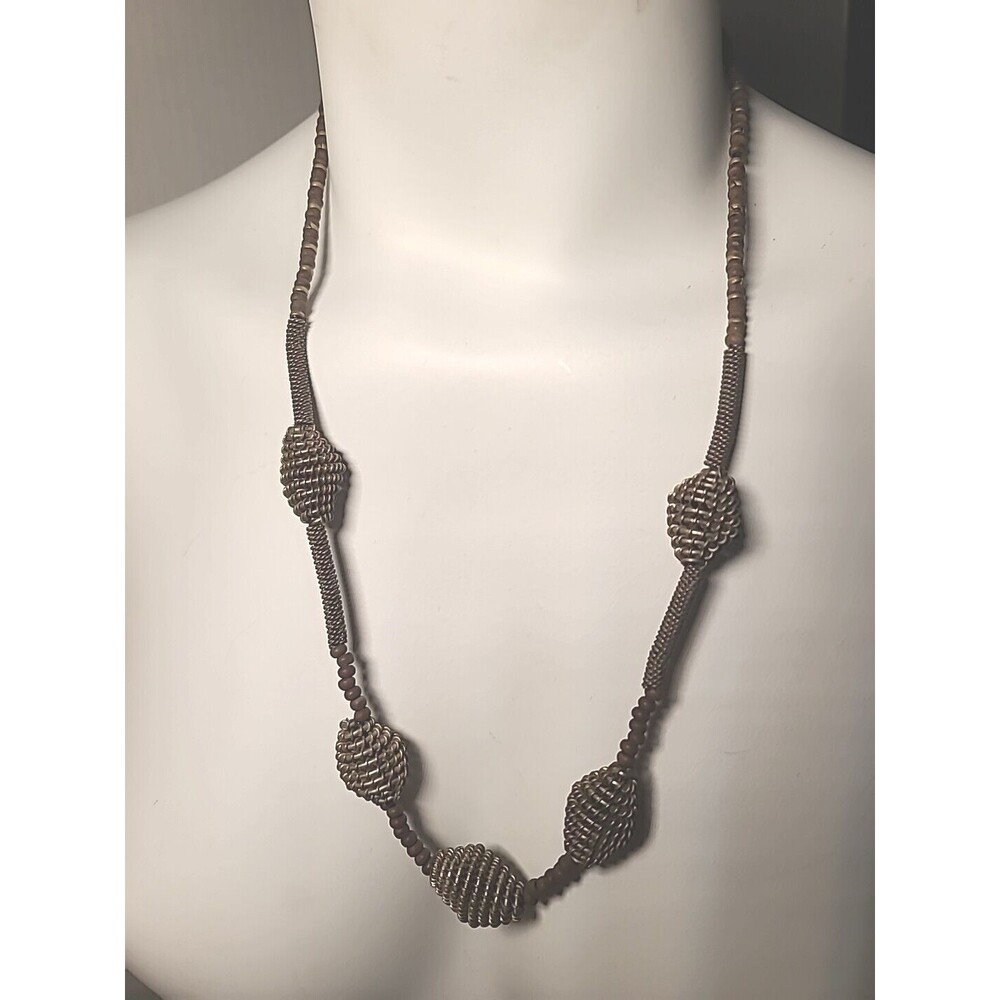 Vintage 24" Beaded Mesh Metal Necklace Silver Tone Midevil Style